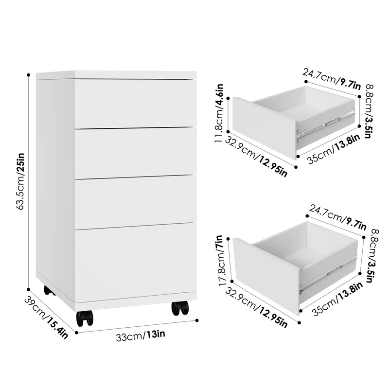 HOCSOK Rollcontainer mit Schubladen, Rollcontainer Schreibtisch mit Rollen, Büroschrank unter dem Schreibtisch für Zuhause und Büro (Weiß)