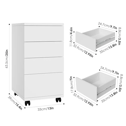 HOCSOK Rollcontainer mit Schubladen, Rollcontainer Schreibtisch mit Rollen, Büroschrank unter dem Schreibtisch für Zuhause und Büro (Weiß)