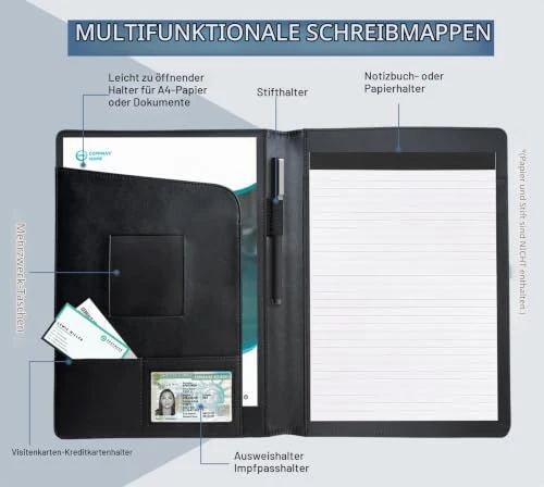 Konferenzmappe A4 Leder, Elegance Schreibmappe Portfolio Konferenzmappe Kunstleder für A4 Mappe Organizer Dokumentenmappe Große Fächern Aktenmappe für Notizblock Tablet Rechner