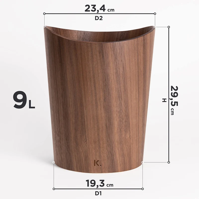 Kazai. Echtholz Papierkorb Börje | Holz Mülleimer für Büro, Kinderzimmer, Schlafzimmer u.m. | 9 Liter | Walnuss
