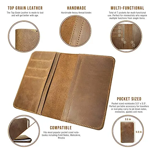 Notizbuch aus Leder für Notizbücher, passend Moleskine Cahier Taschengröße, 8,9 x 14 cm große Notebooks, handgenäht, echtes genarbtes Leder, mehrere Taschen zusätzliche Funktionalität.
