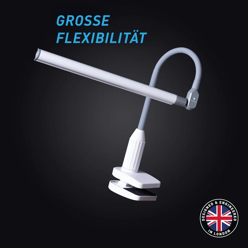 Daylight UnoPro™ Klemmlampe – LED-Klemmleuchte, 95+ CRI, 6000K, 1150 Lux, 4 Helligkeitsstufen, Blendschutzschirm, Flexibler Arm, Robuste Klemme für Lesen, Basteln & Homeoffice, Weiß