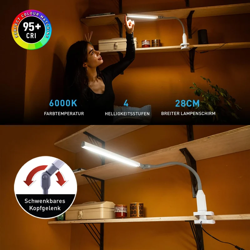 Daylight UnoPro™ Klemmlampe – LED-Klemmleuchte, 95+ CRI, 6000K, 1150 Lux, 4 Helligkeitsstufen, Blendschutzschirm, Flexibler Arm, Robuste Klemme für Lesen, Basteln & Homeoffice, Weiß