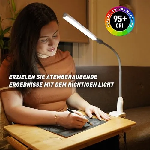 Daylight UnoPro™ Klemmlampe – LED-Klemmleuchte, 95+ CRI, 6000K, 1150 Lux, 4 Helligkeitsstufen, Blendschutzschirm, Flexibler Arm, Robuste Klemme für Lesen, Basteln & Homeoffice, Weiß