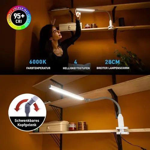 Daylight UnoPro™ Klemmlampe – LED-Klemmleuchte, 95+ CRI, 6000K, 1150 Lux, 4 Helligkeitsstufen, Blendschutzschirm, Flexibler Arm, Robuste Klemme für Lesen, Basteln & Homeoffice, Weiß