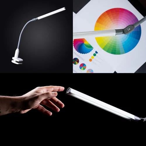 Daylight UnoPro™ Klemmlampe – LED-Klemmleuchte, 95+ CRI, 6000K, 1150 Lux, 4 Helligkeitsstufen, Blendschutzschirm, Flexibler Arm, Robuste Klemme für Lesen, Basteln & Homeoffice, Weiß