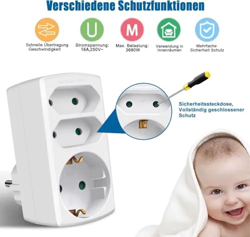 EXTRASTAR 3-Fach Steckdosenadapter, 2 Euro+1 Schuko mit Kindersicherung