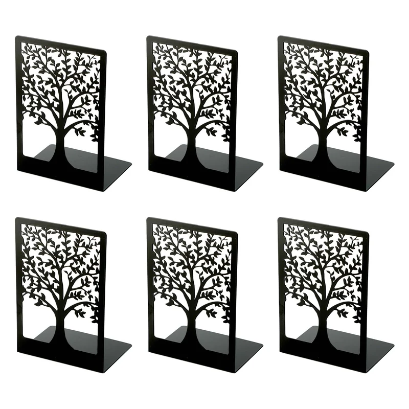 6 Stück Buchstützen Metall - Buchstütze Schwarz mit Muster der Form des Lebensbaums, Bücherhalter für Büro Schule Zuhause Bibliothek (18x12x8cm)
