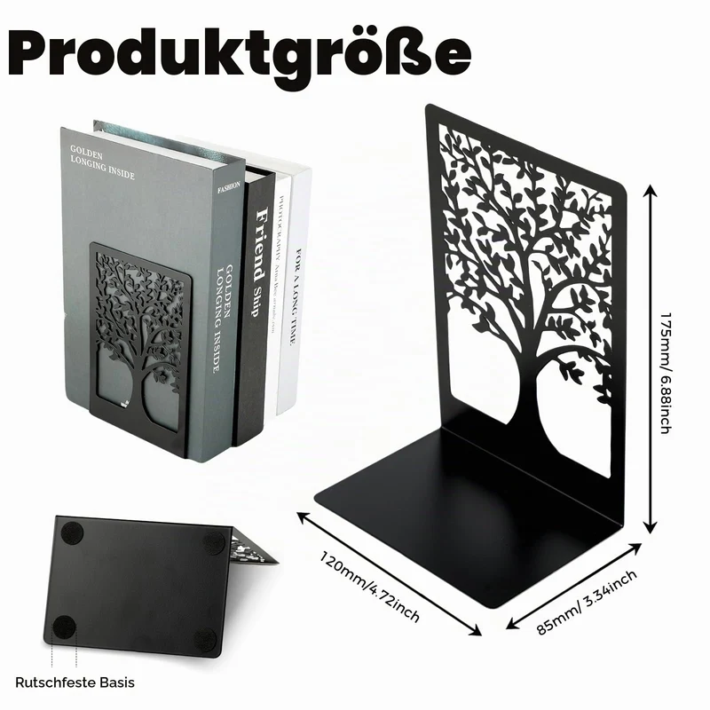 6 Stück Buchstützen Metall - Buchstütze Schwarz mit Muster der Form des Lebensbaums, Bücherhalter für Büro Schule Zuhause Bibliothek (18x12x8cm)