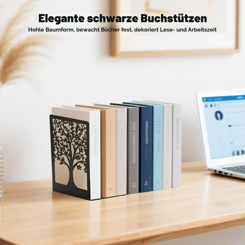 6 Stück Buchstützen Metall - Buchstütze Schwarz mit Muster der Form des Lebensbaums, Bücherhalter für Büro Schule Zuhause Bibliothek (18x12x8cm)