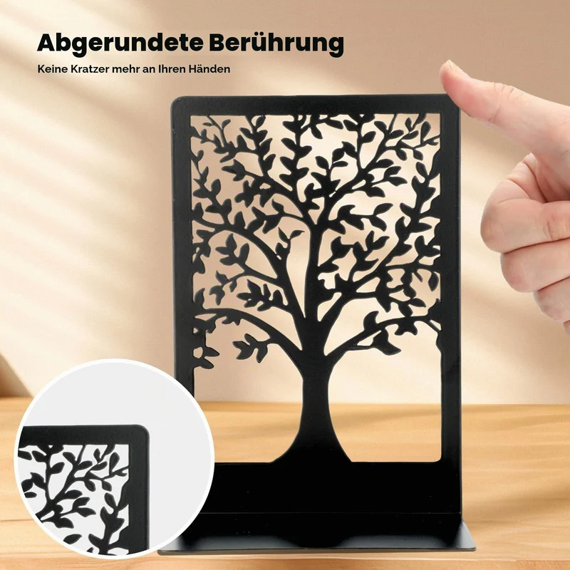 6 Stück Buchstützen Metall - Buchstütze Schwarz mit Muster der Form des Lebensbaums, Bücherhalter für Büro Schule Zuhause Bibliothek (18x12x8cm)