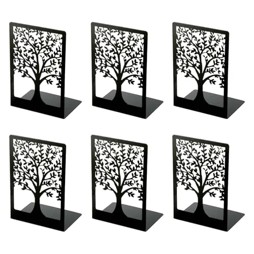 6 Stück Buchstützen Metall - Buchstütze Schwarz mit Muster der Form des Lebensbaums, Bücherhalter für Büro Schule Zuhause Bibliothek (18x12x8cm)