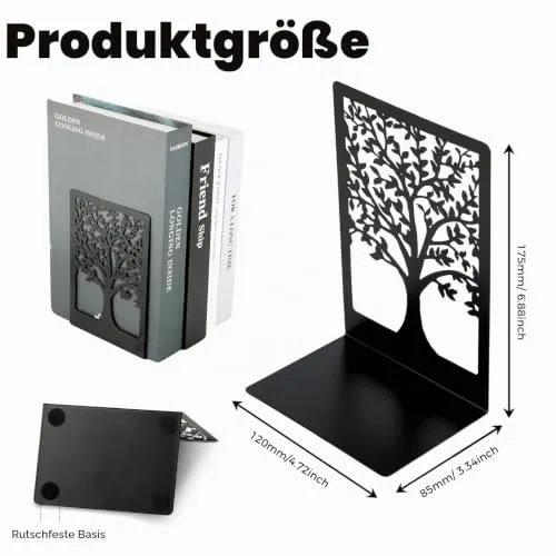 6 Stück Buchstützen Metall - Buchstütze Schwarz mit Muster der Form des Lebensbaums, Bücherhalter für Büro Schule Zuhause Bibliothek (18x12x8cm)