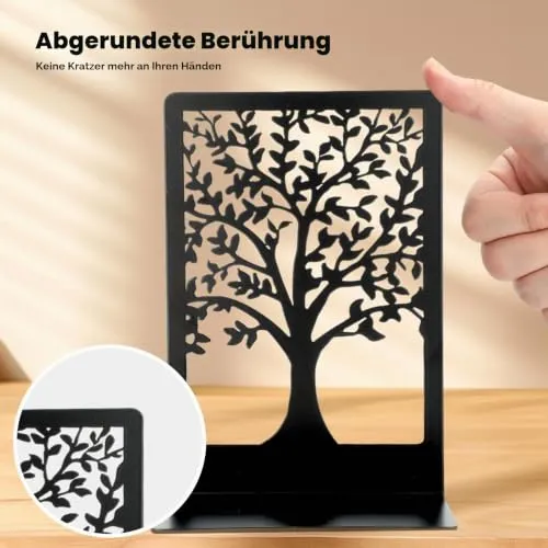 6 Stück Buchstützen Metall - Buchstütze Schwarz mit Muster der Form des Lebensbaums, Bücherhalter für Büro Schule Zuhause Bibliothek (18x12x8cm)