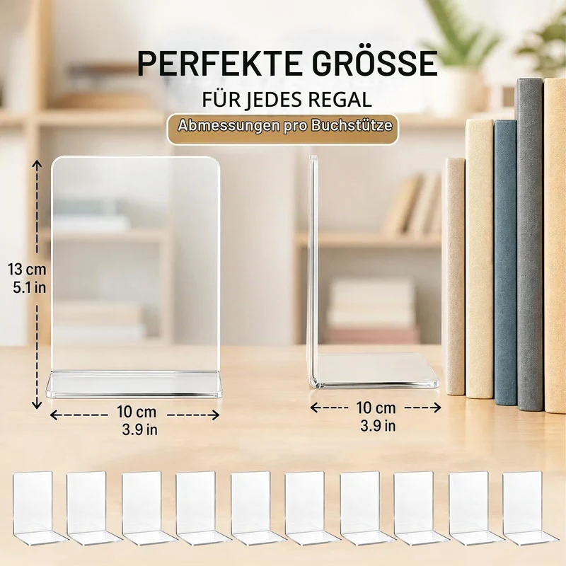 10 Stück Transparente Buchstützen aus Acryl mit rutschfesten Aufklebern