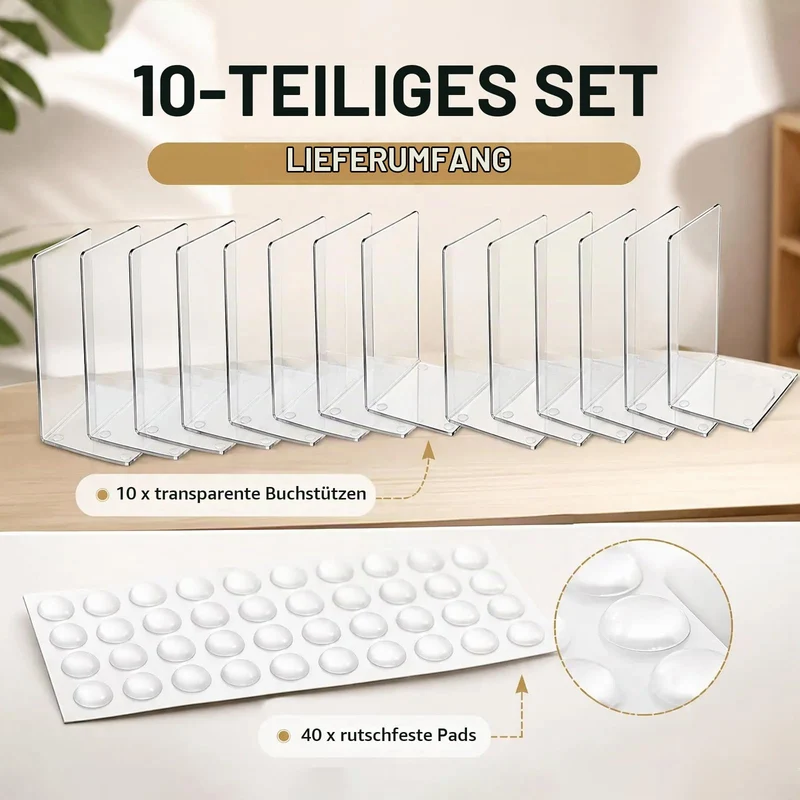 10 Stück Transparente Buchstützen aus Acryl mit rutschfesten Aufklebern