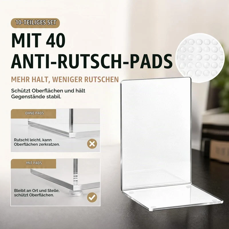 10 Stück Transparente Buchstützen aus Acryl mit rutschfesten Aufklebern