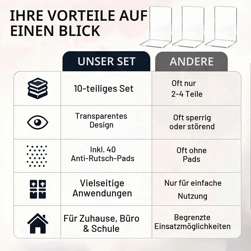 10 Stück Transparente Buchstützen aus Acryl mit rutschfesten Aufklebern