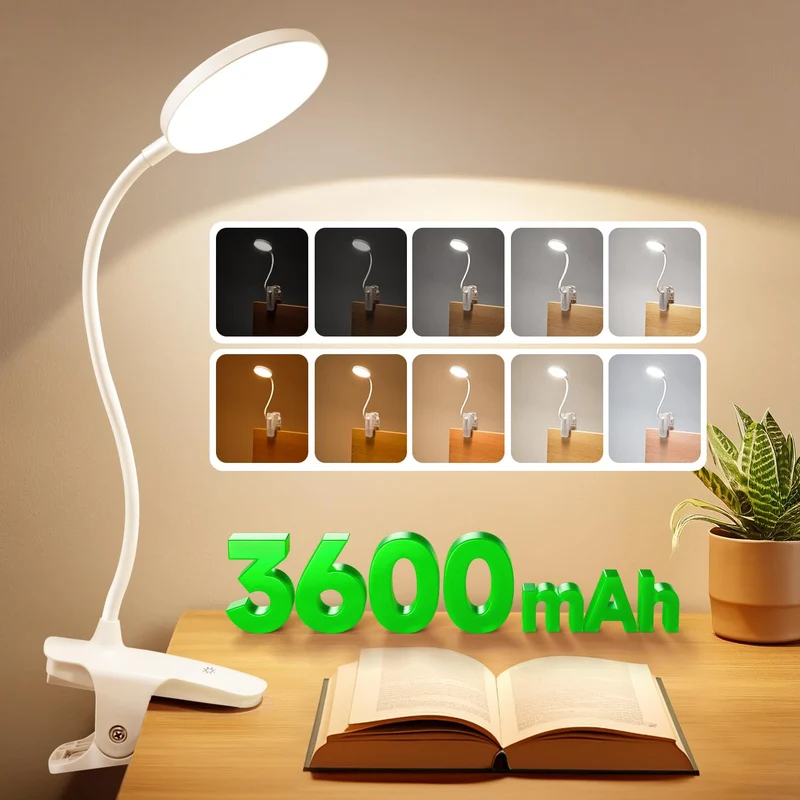 One Fire Leselampe Klemmlampe, 3600mAh Tischlampe Akku Tischleuchte Kabellos, 5 Helligkeit 5 Farben Nachttischlampe Touch, 36 LED+360° Flexibel Schreibtischlampe, Nachtlicht Led Lampe Stilllicht
