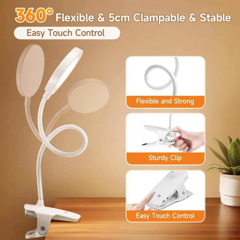 One Fire Leselampe Klemmlampe, 3600mAh Tischlampe Akku Tischleuchte Kabellos, 5 Helligkeit 5 Farben Nachttischlampe Touch, 36 LED+360° Flexibel Schreibtischlampe, Nachtlicht Led Lampe Stilllicht