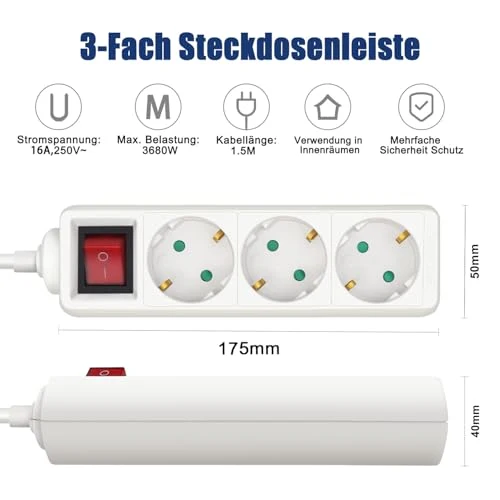 EXTRASTAR 3 Fach Flachstecker Steckdosenleiste mit Schalter, 1.5m Kabel