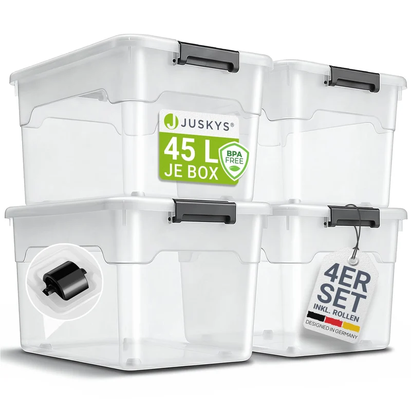 Juskys Aufbewahrungsbox mit Deckel 4er Set 45 L, transparent, groß