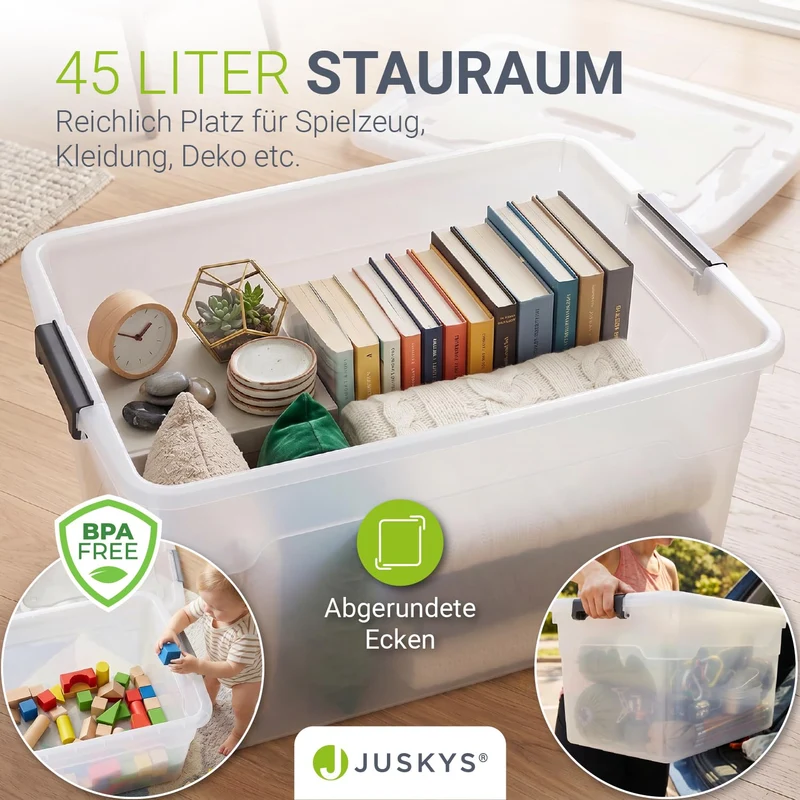 Juskys Aufbewahrungsbox mit Deckel 4er Set 45 L, transparent, groß