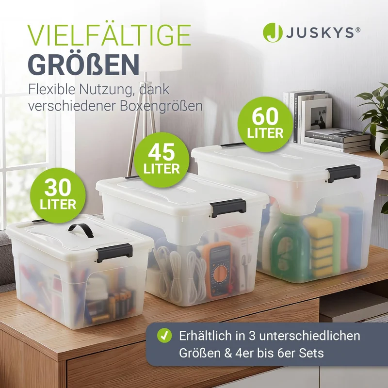 Juskys Aufbewahrungsbox mit Deckel 4er Set 45 L, transparent, groß
