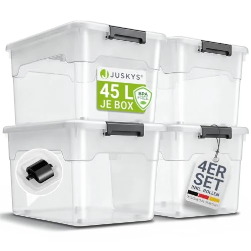 Juskys Aufbewahrungsbox mit Deckel 4er Set 45 L, transparent, groß