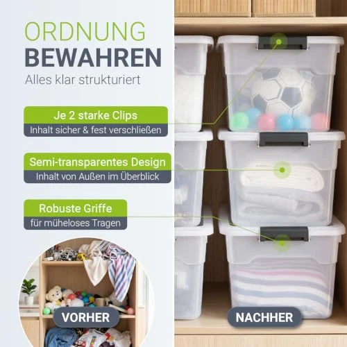 Juskys Aufbewahrungsbox mit Deckel 4er Set 45 L, transparent, groß
