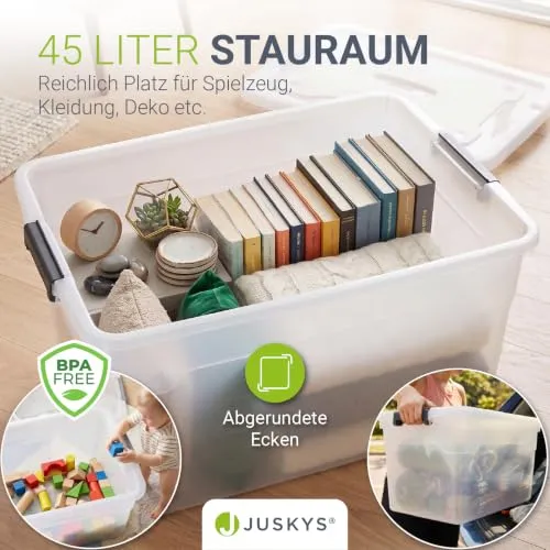 Juskys Aufbewahrungsbox mit Deckel 4er Set 45 L, transparent, groß