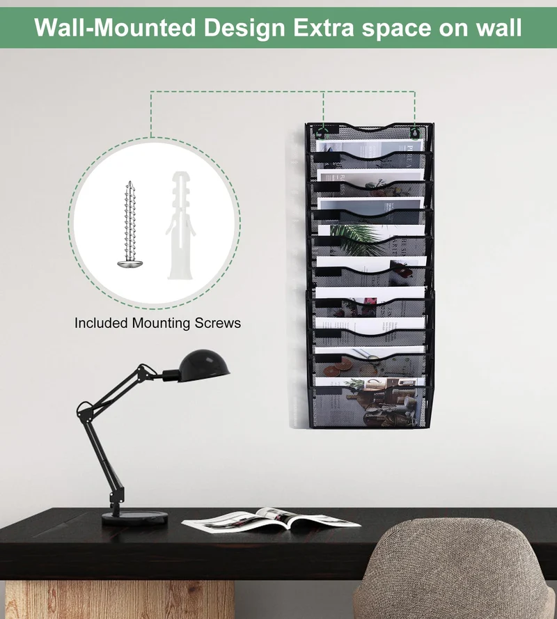 TQVAI 10 Fächer Dokumenten Organizer Metall Zeitschriftenhalter Wand A4 Papier Flyerhalter Postsortierer Dokumentenablage für Büro Zuhause Schule, Schwarz