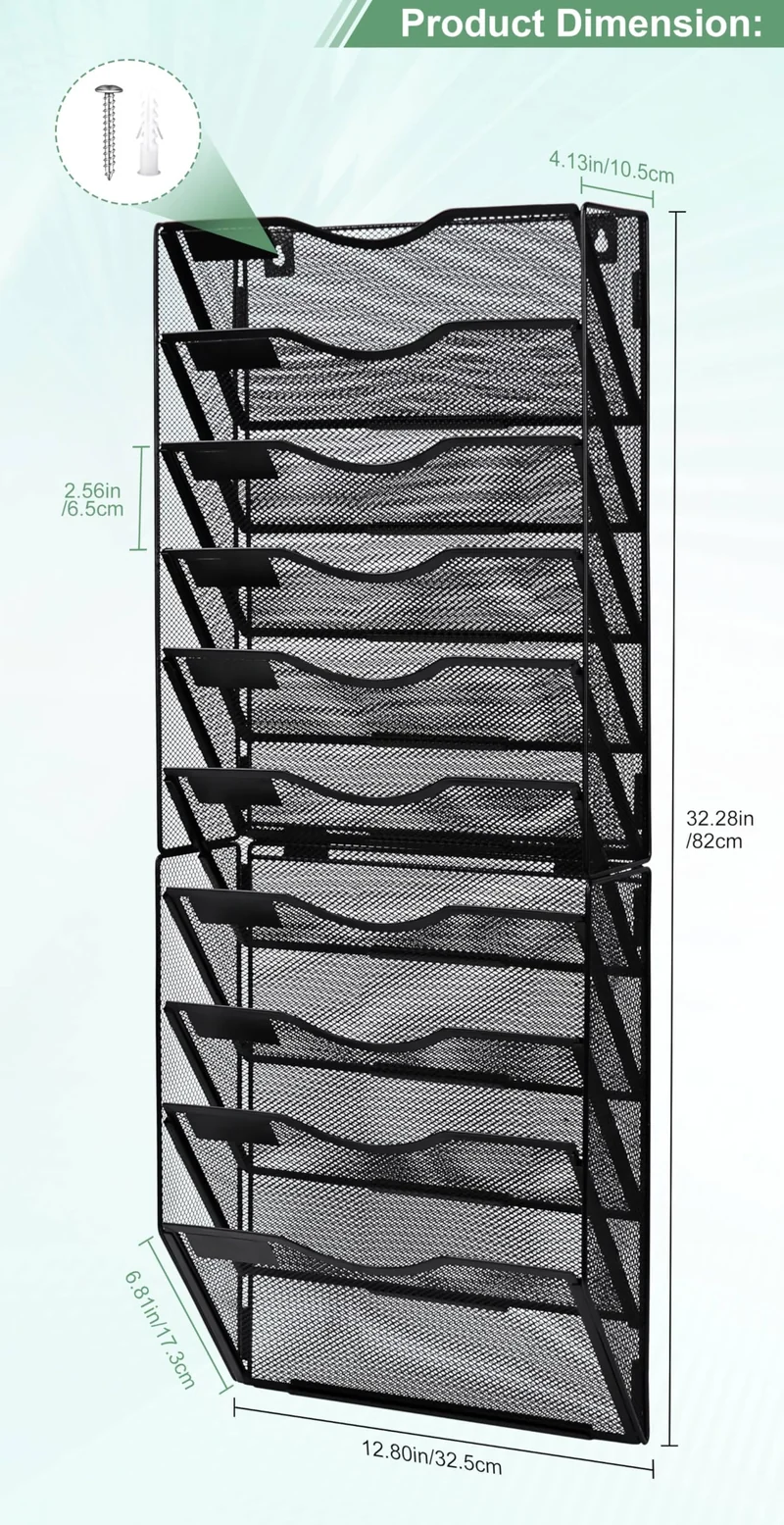 TQVAI 10 Fächer Dokumenten Organizer Metall Zeitschriftenhalter Wand A4 Papier Flyerhalter Postsortierer Dokumentenablage für Büro Zuhause Schule, Schwarz
