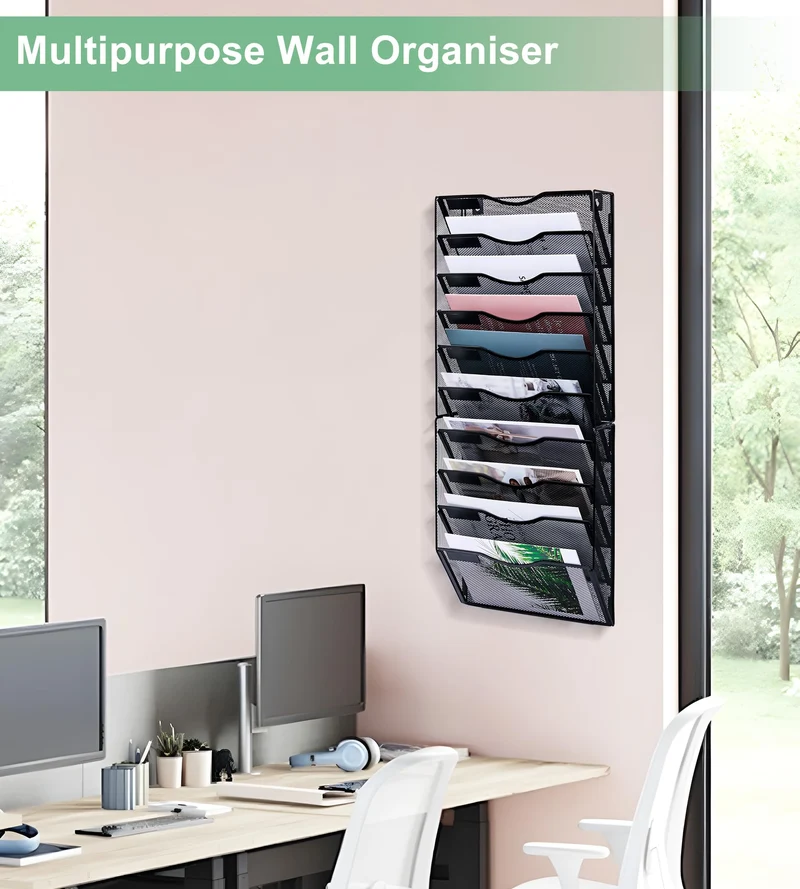 TQVAI 10 Fächer Dokumenten Organizer Metall Zeitschriftenhalter Wand A4 Papier Flyerhalter Postsortierer Dokumentenablage für Büro Zuhause Schule, Schwarz