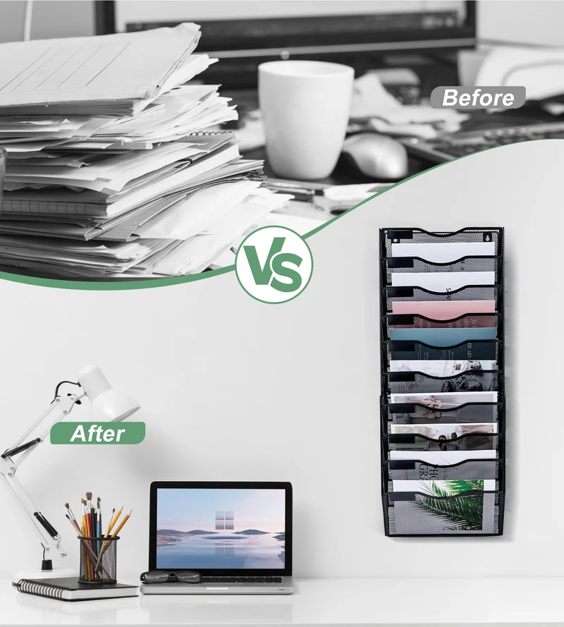 TQVAI 10 Fächer Dokumenten Organizer Metall Zeitschriftenhalter Wand A4 Papier Flyerhalter Postsortierer Dokumentenablage für Büro Zuhause Schule, Schwarz