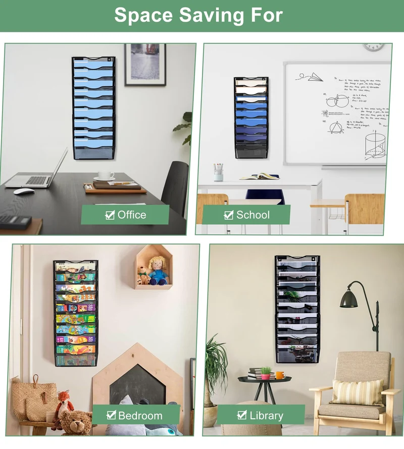 TQVAI 10 Fächer Dokumenten Organizer Metall Zeitschriftenhalter Wand A4 Papier Flyerhalter Postsortierer Dokumentenablage für Büro Zuhause Schule, Schwarz