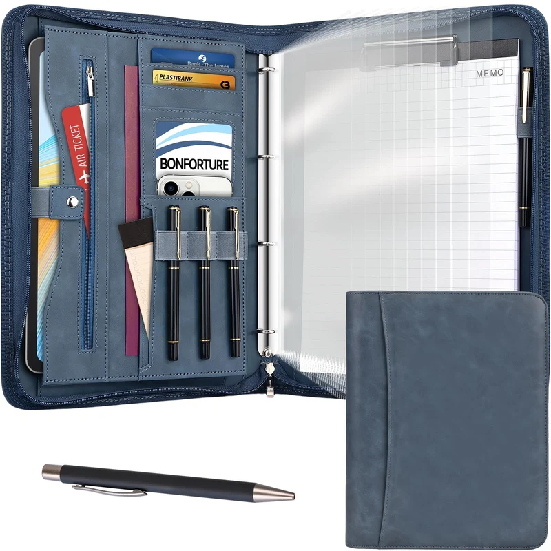 Schreibmappe A4 mit 10 Klarsichthüllen, Notizblock & Stift Blau