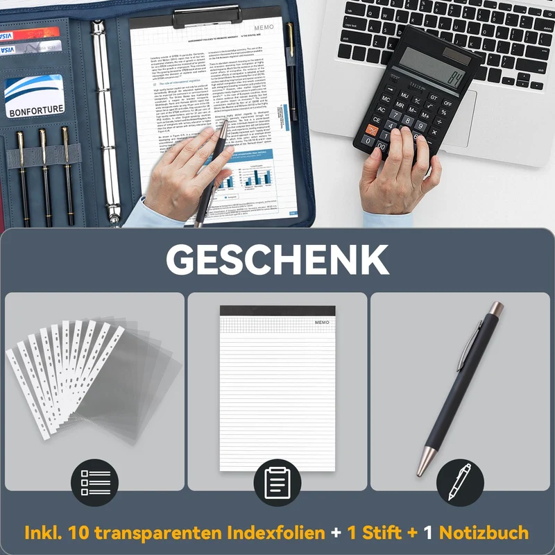 Schreibmappe A4 mit 10 Klarsichthüllen, Notizblock & Stift Blau
