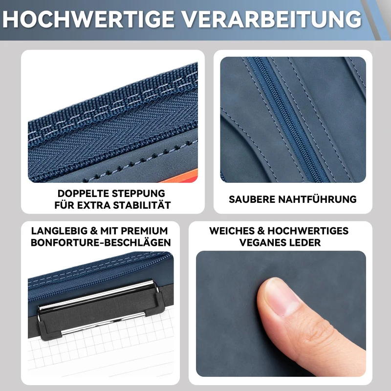 Schreibmappe A4 mit 10 Klarsichthüllen, Notizblock & Stift Blau