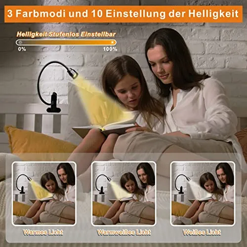 YMCRLUX Zoombare LED-Leselampe Klemmleuchte, Dimmbare Klemmlampe für Bett, Schwanenhals Lampe mit Einstellbarer Abstrahlwinkel 15°-80°, 3 Farbtemperaturmodi, 10 Dimmstufen, Schwarz