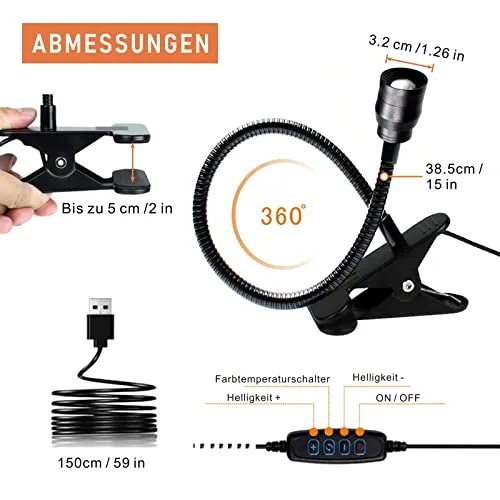 YMCRLUX Zoombare LED-Leselampe Klemmleuchte, Dimmbare Klemmlampe für Bett, Schwanenhals Lampe mit Einstellbarer Abstrahlwinkel 15°-80°, 3 Farbtemperaturmodi, 10 Dimmstufen, Schwarz