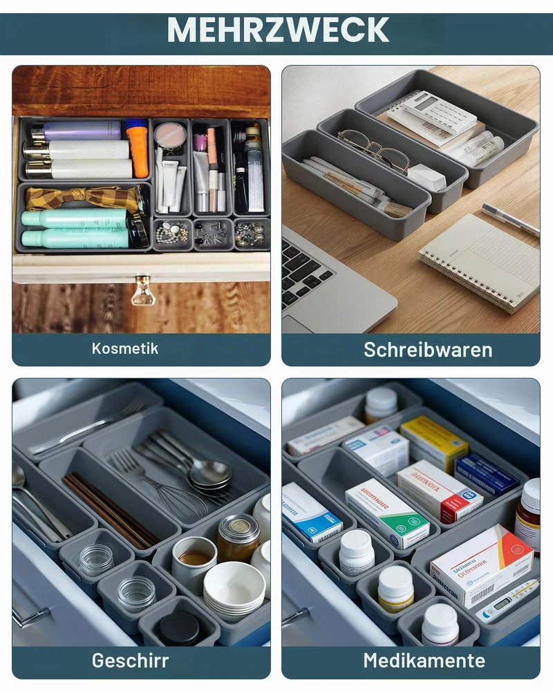 Schubladen Organizer Küche 8 Stück – Organizer Schublade aus Kunststoff, Schreibtisch Organizer & Badezimmer Organizer für Bad, Küche, Büro, praktisches Trenn-System für verschiedene Utensilien