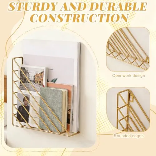 Zeitungshalter Wand,Metall Dreieckiger Zeitschriftenhalter Wand,Prospekthalter mit Schrauben,Platzsparender Magazinhalter für Wohnzimmer,Büro,Schulen Und Bibliotheken,(Gold)