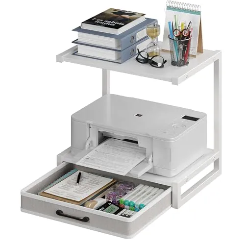 MIN WIN Druckerständer 2-Tier mit Schublade, Metall-Druckertisch, Mehrzweck Schreibtisch Aufbewahrung Büroartikel Organizer für Drucker, Faxgerät, Scanner (Weiß, 44x30.5x40cm(LxBxH))