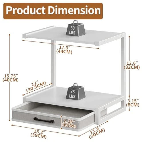 MIN WIN Druckerständer 2-Tier mit Schublade, Metall-Druckertisch, Mehrzweck Schreibtisch Aufbewahrung Büroartikel Organizer für Drucker, Faxgerät, Scanner (Weiß, 44x30.5x40cm(LxBxH))