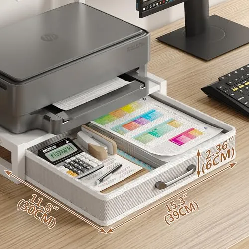 MIN WIN Druckerständer 2-Tier mit Schublade, Metall-Druckertisch, Mehrzweck Schreibtisch Aufbewahrung Büroartikel Organizer für Drucker, Faxgerät, Scanner (Weiß, 44x30.5x40cm(LxBxH))