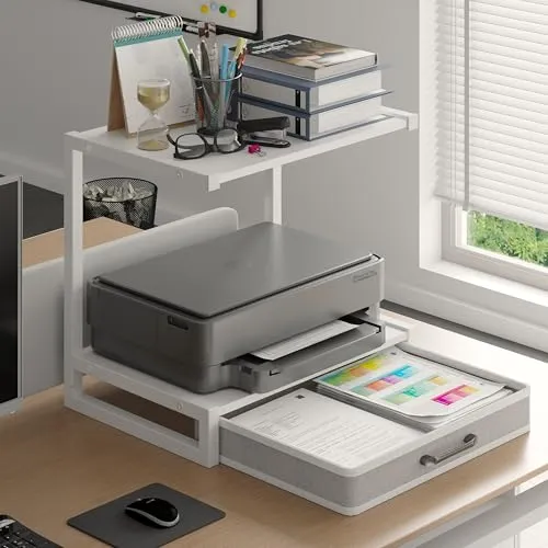 MIN WIN Druckerständer 2-Tier mit Schublade, Metall-Druckertisch, Mehrzweck Schreibtisch Aufbewahrung Büroartikel Organizer für Drucker, Faxgerät, Scanner (Weiß, 44x30.5x40cm(LxBxH))