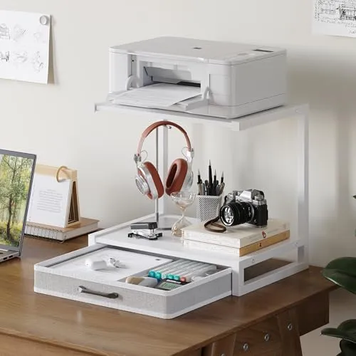 MIN WIN Druckerständer 2-Tier mit Schublade, Metall-Druckertisch, Mehrzweck Schreibtisch Aufbewahrung Büroartikel Organizer für Drucker, Faxgerät, Scanner (Weiß, 44x30.5x40cm(LxBxH))