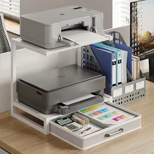 MIN WIN Druckerständer 2-Tier mit Schublade, Metall-Druckertisch, Mehrzweck Schreibtisch Aufbewahrung Büroartikel Organizer für Drucker, Faxgerät, Scanner (Weiß, 44x30.5x40cm(LxBxH))