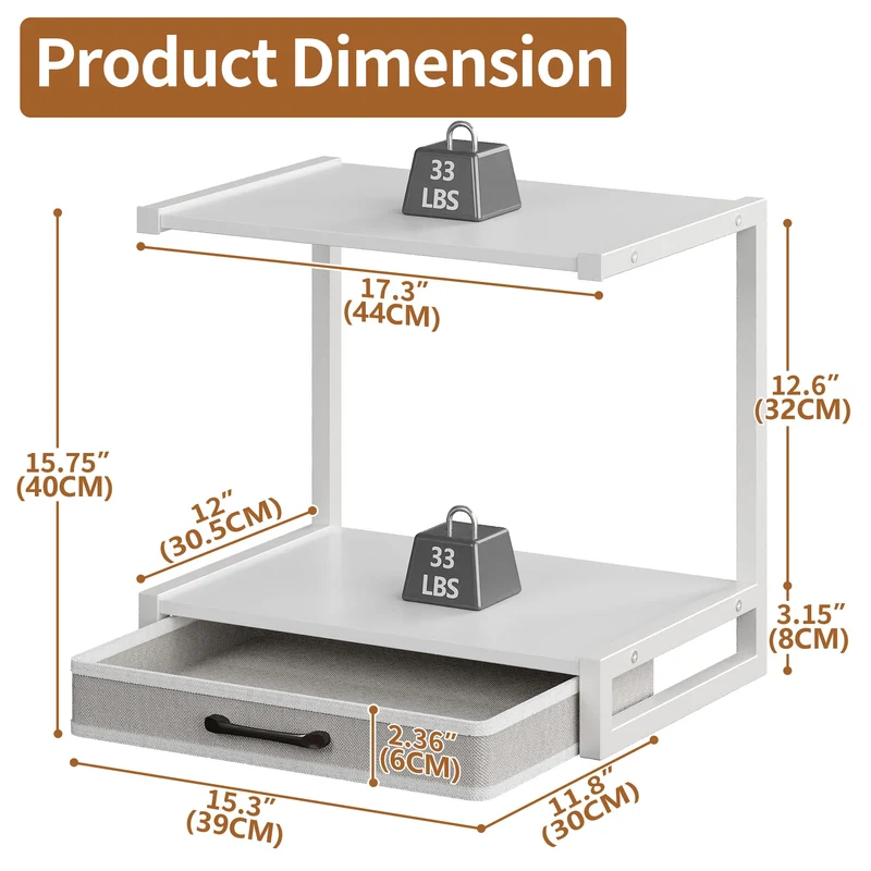 MIN WIN Druckerständer 2-Tier mit Schublade, Metall-Druckertisch, Mehrzweck Schreibtisch Aufbewahrung Büroartikel Organizer für Drucker, Faxgerät, Scanner (Weiß, 44x30.5x40cm(LxBxH))
